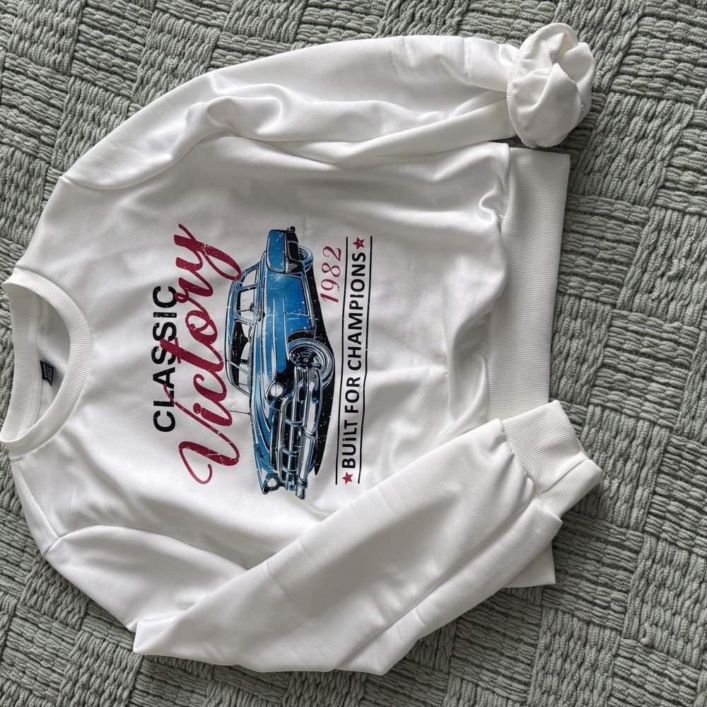 White Sweatshirt with Blue Car Graphic